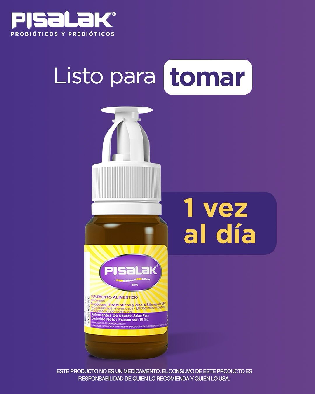 Suplemento Pisalak en frasco con probióticos, prebióticos y zinc; diseñado para tomarse diariamente y favorecer el equilibrio de la flora intestinal.