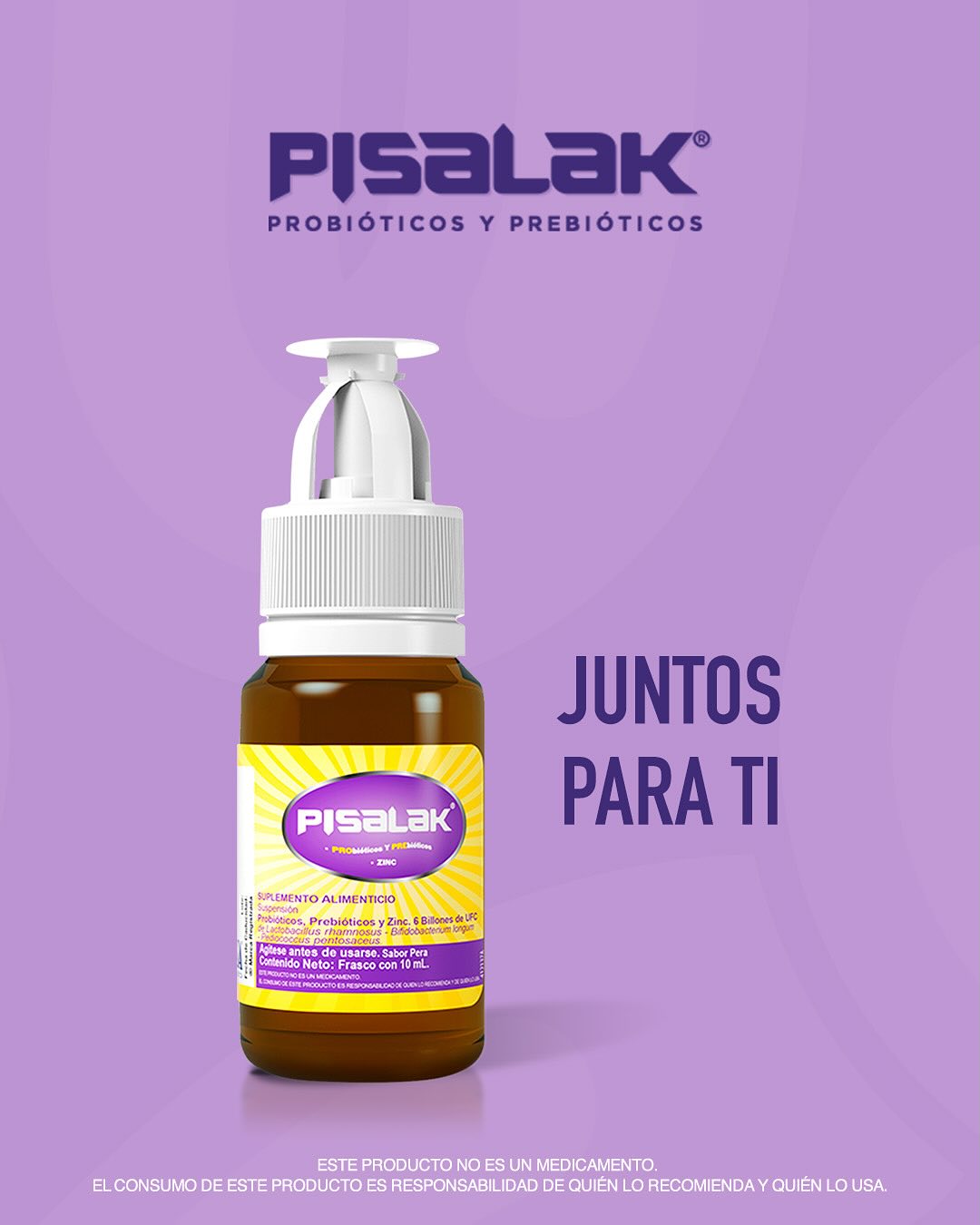 Pisalak en frasco sabor pera con probióticos, prebióticos y zinc; fórmula simbiótica diseñada para fortalecer la salud intestinal.