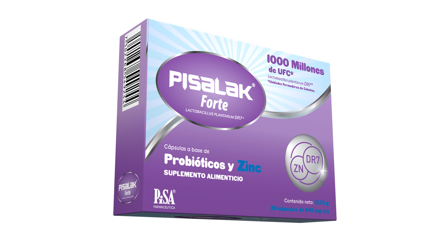 Pisalak Forte Probiótico Lactobacillus Plantarum DR7 Con Zinc 30 Cápsulas