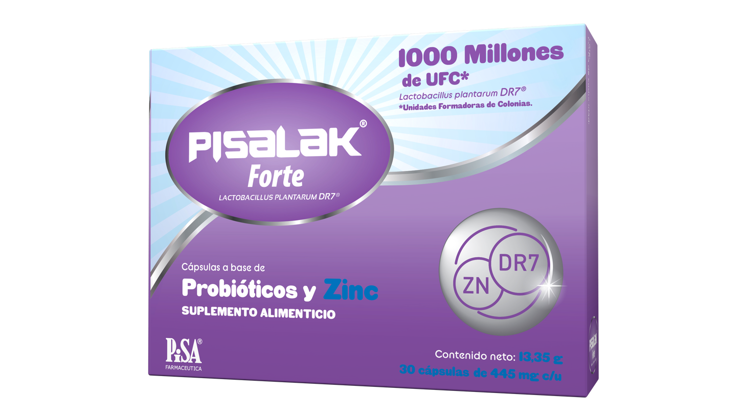 Pisalak Forte Probiótico Lactobacillus Plantarum DR7 Con Zinc 30 Cápsulas