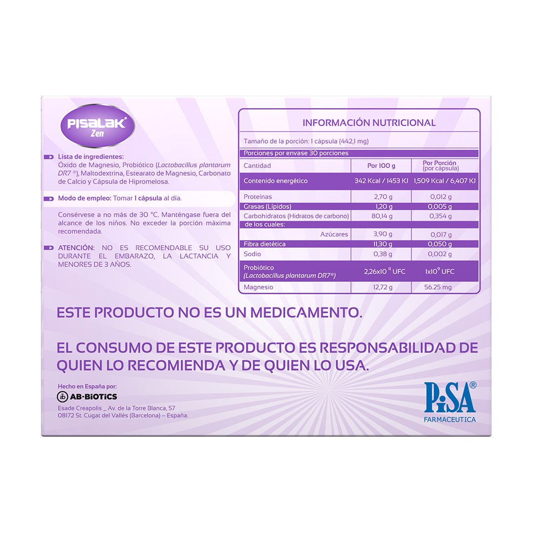 Pisalak Zen Suplemento Alimenticio Probióticos Magnesio 1000 M Ufc / 56.25 Mg Con 30 Cápsulas